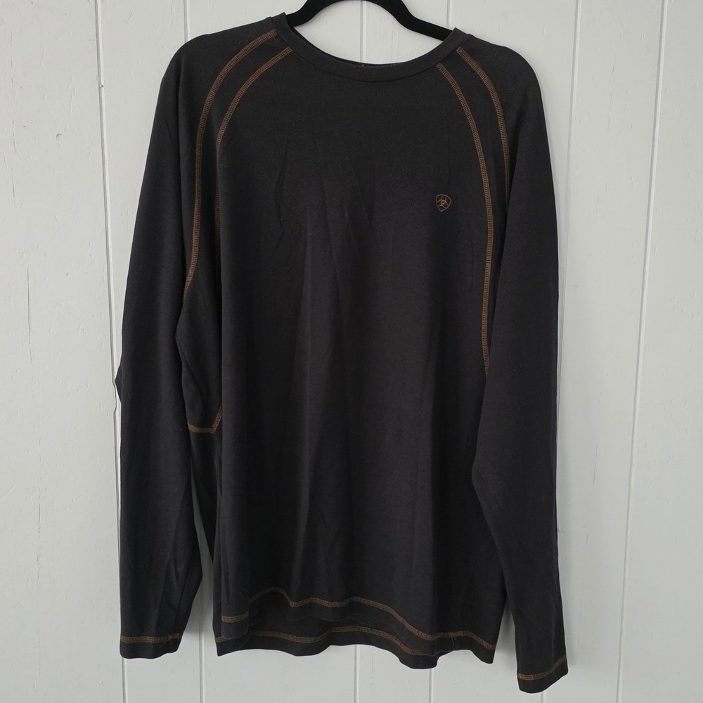 Ariat Mens XL Black Long Sleeve Shirt Contrast Stitching Crew Neck Waffle Knit